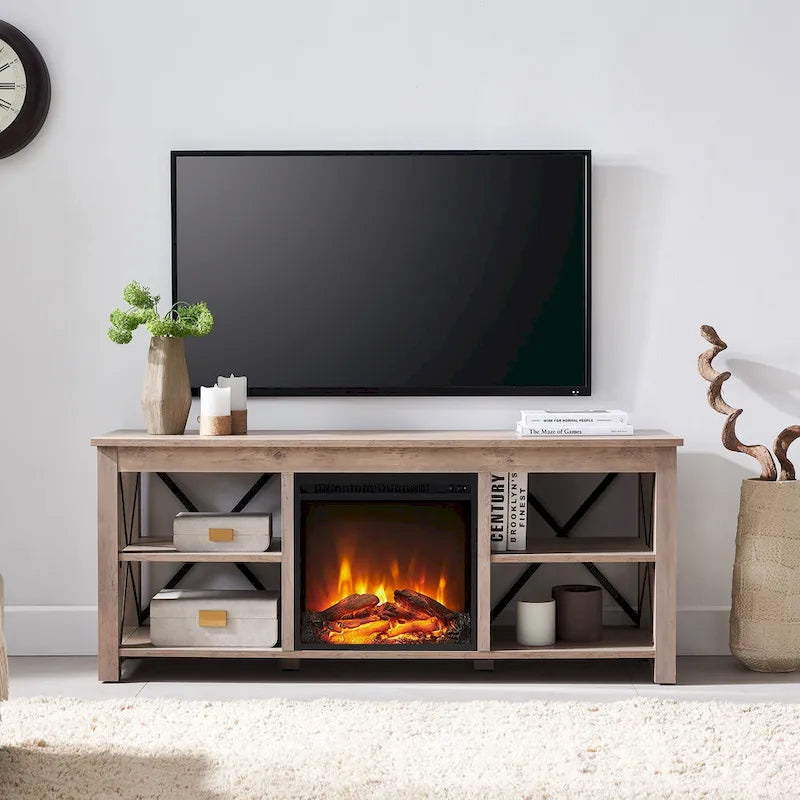 Meuble TV de ferme avec insert de cheminée électrique, convient aux téléviseurs jusqu'à 65 pouces