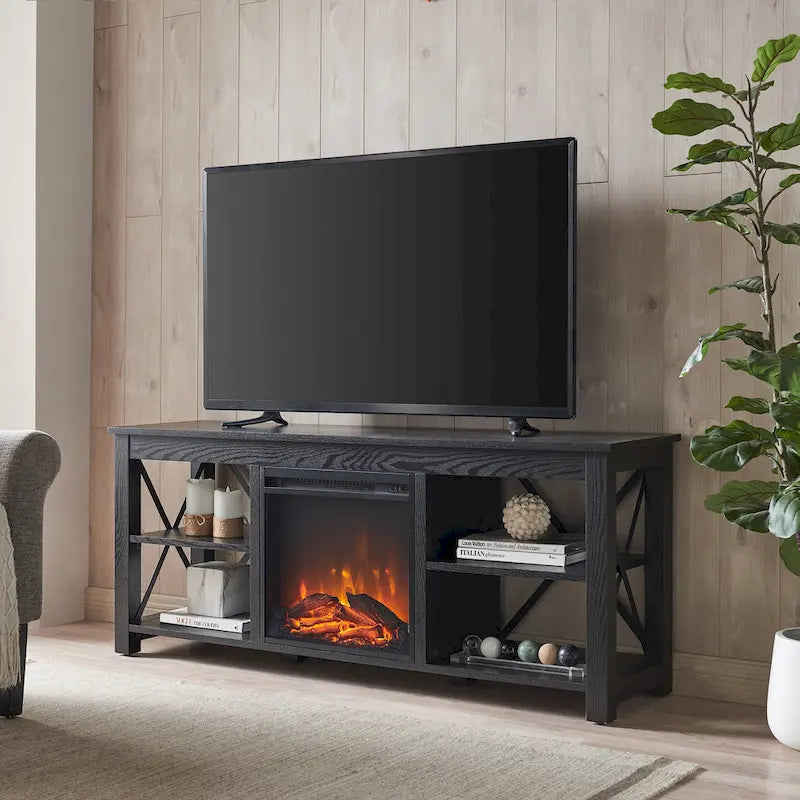 Meuble TV de ferme avec insert de cheminée électrique, convient aux téléviseurs jusqu'à 65 pouces