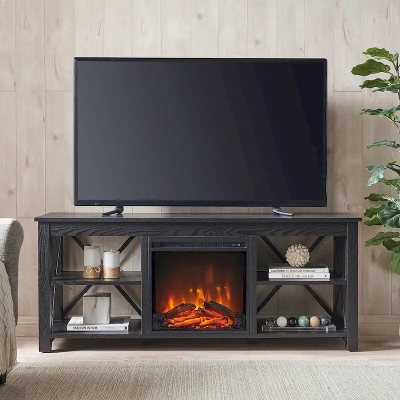 Meuble TV de ferme avec insert de cheminée électrique, convient aux téléviseurs jusqu'à 65 pouces