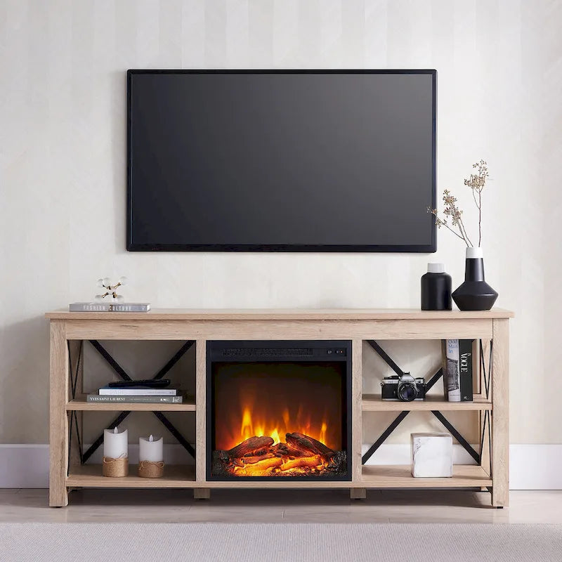 Meuble TV de ferme avec insert de cheminée électrique, convient aux téléviseurs jusqu'à 65 pouces