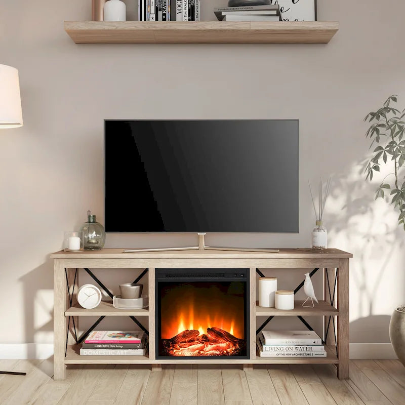 Meuble TV de ferme avec insert de cheminée électrique, convient aux téléviseurs jusqu'à 65 pouces