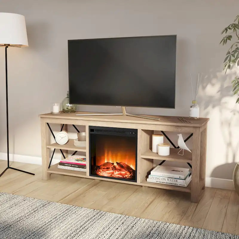 Meuble TV de ferme avec insert de cheminée électrique, convient aux téléviseurs jusqu'à 65 pouces