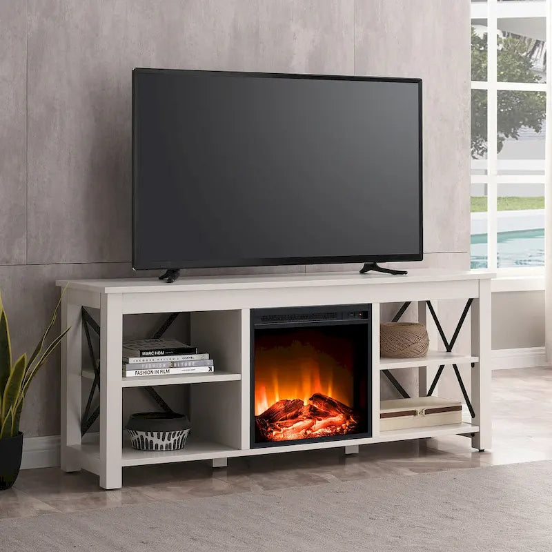 Meuble TV de ferme avec insert de cheminée électrique, convient aux téléviseurs jusqu'à 65 pouces