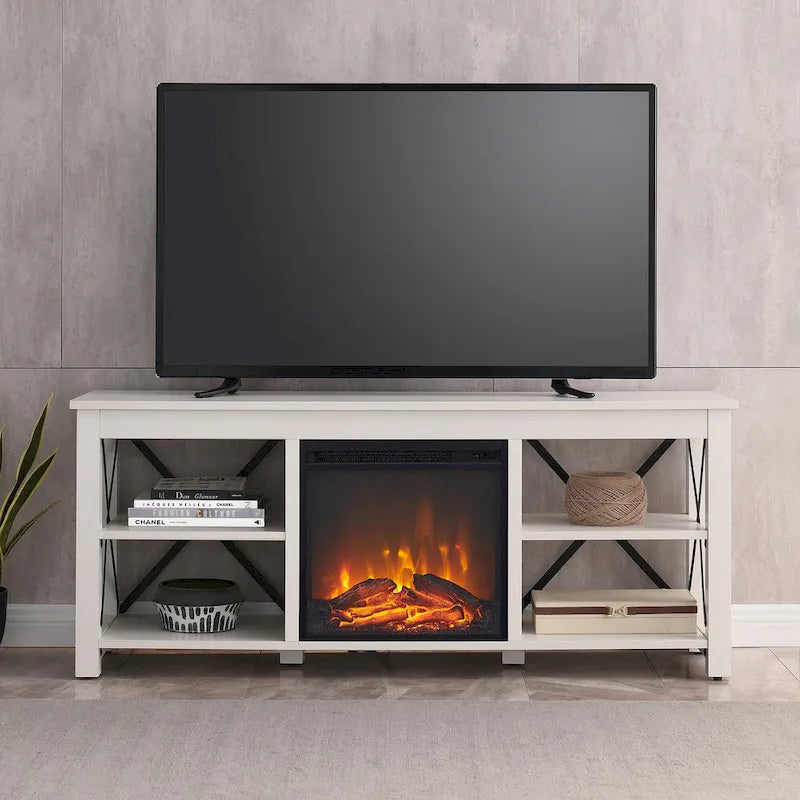 Meuble TV de ferme avec insert de cheminée électrique, convient aux téléviseurs jusqu'à 65 pouces