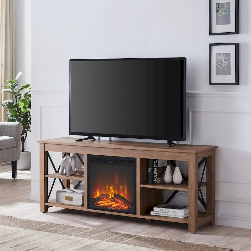 Meuble TV de ferme avec insert de cheminée électrique, convient aux téléviseurs jusqu'à 65 pouces