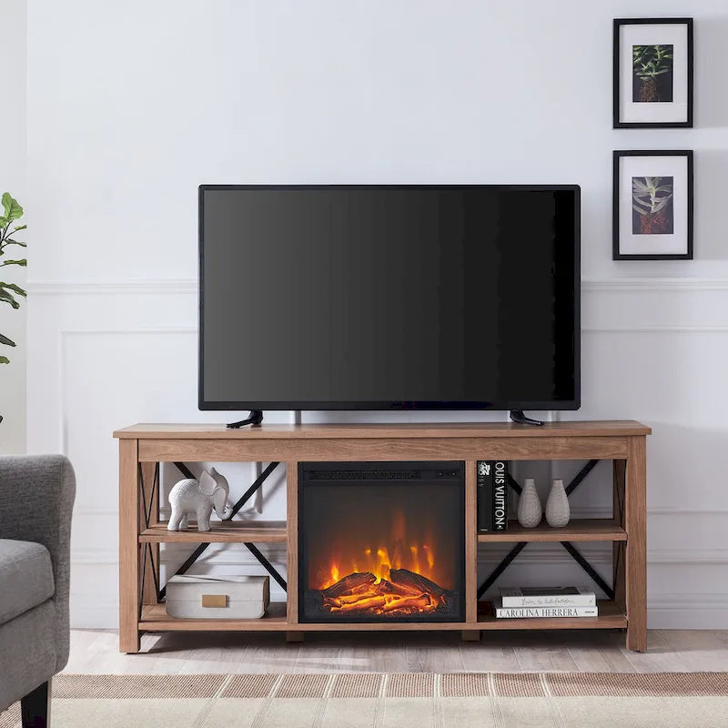 Meuble TV de ferme avec insert de cheminée électrique, convient aux téléviseurs jusqu'à 65 pouces