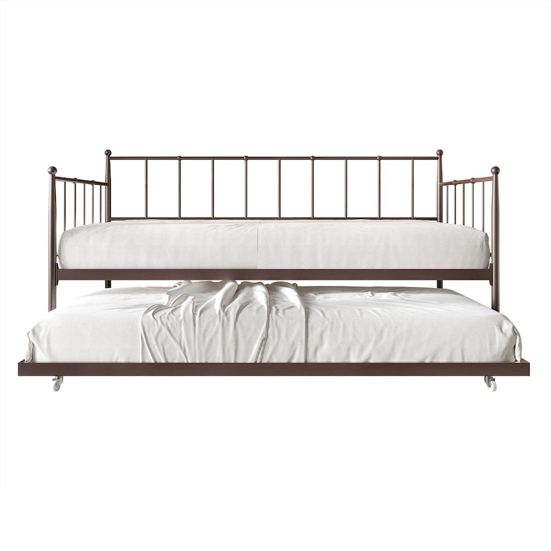 Lit de repos double en métal avec lit gigogne – Marron / Noir / Blanc, 2 couchages