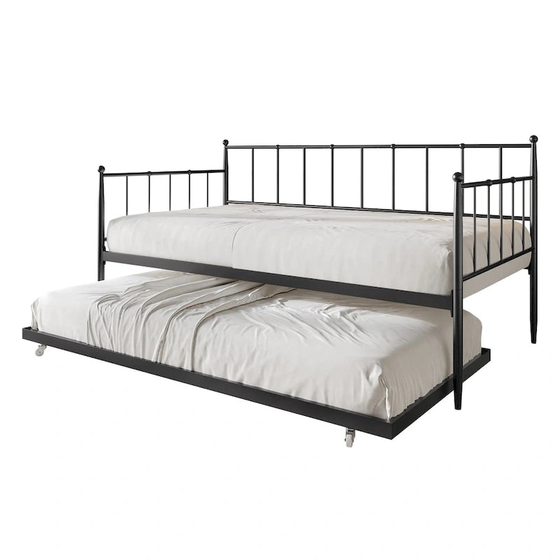 Lit de repos double en métal avec lit gigogne – Marron / Noir / Blanc, 2 couchages