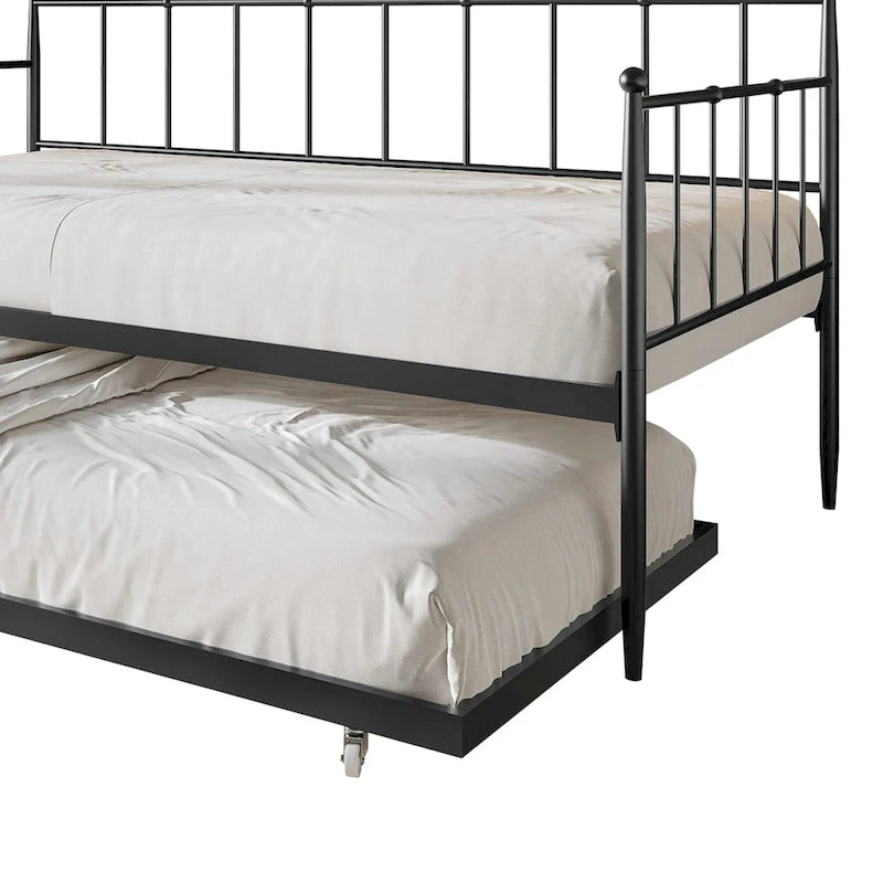 Lit de repos double en métal avec lit gigogne – Marron / Noir / Blanc, 2 couchages