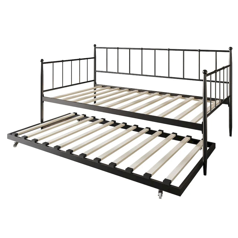 Lit de repos double en métal avec lit gigogne – Marron / Noir / Blanc, 2 couchages