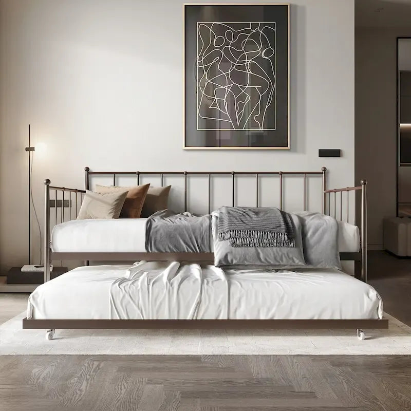 Lit de repos double en métal avec lit gigogne – Marron / Noir / Blanc, 2 couchages