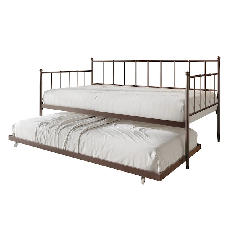 Lit de repos double en métal avec lit gigogne – Marron / Noir / Blanc, 2 couchages