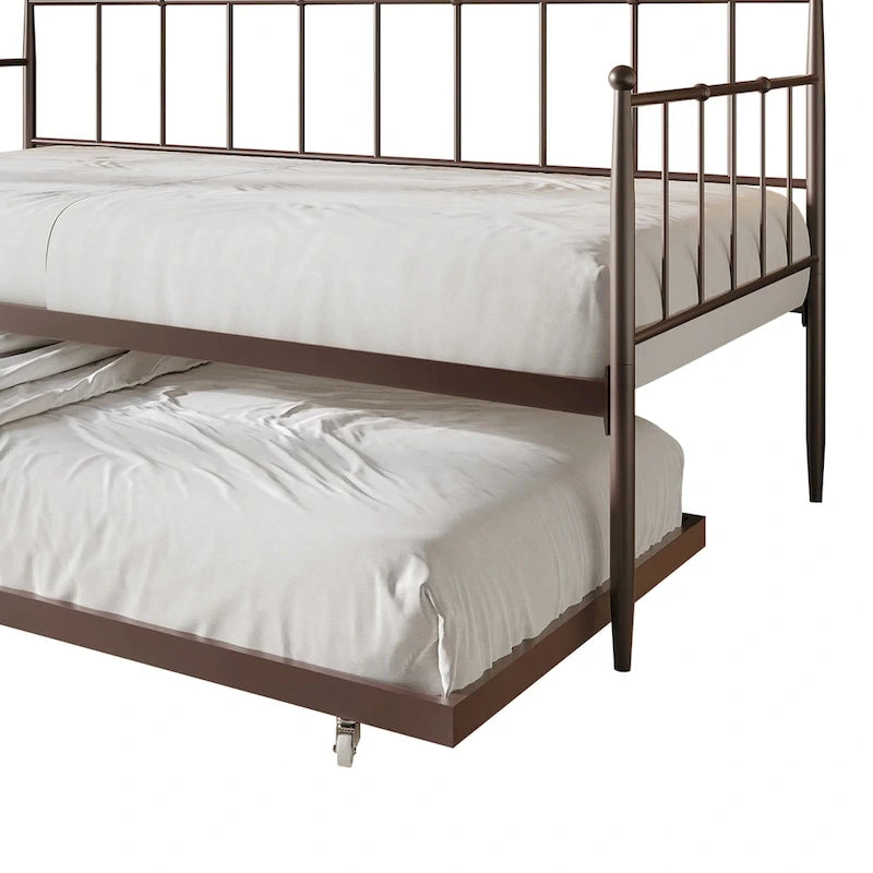 Lit de repos double en métal avec lit gigogne – Marron / Noir / Blanc, 2 couchages