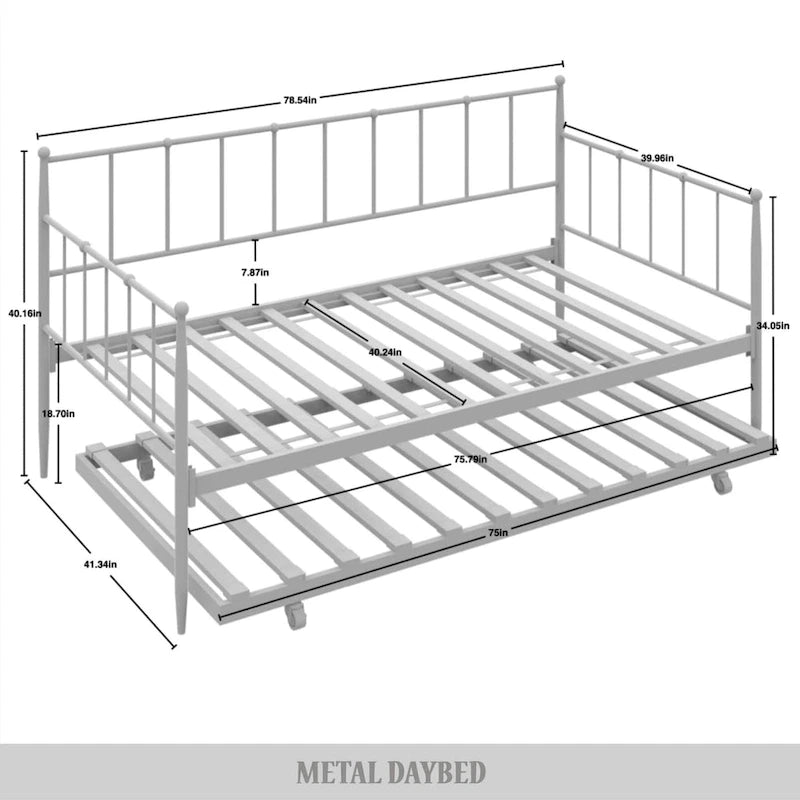 Lit de repos double en métal avec lit gigogne – Marron / Noir / Blanc, 2 couchages