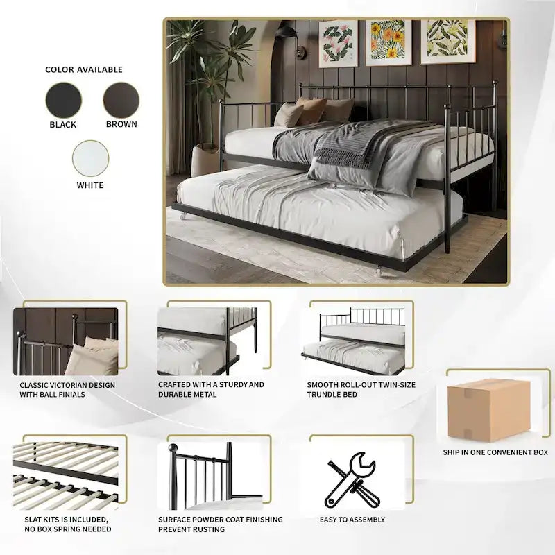Lit de repos double en métal avec lit gigogne – Marron / Noir / Blanc, 2 couchages