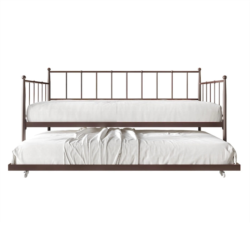 Lit de repos double en métal avec lit gigogne – Marron / Noir / Blanc, 2 couchages
