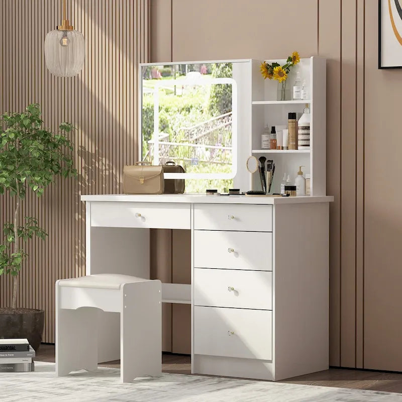 Coiffeuse Blanche avec Tabouret et Miroir LED 3 Couleurs, 1 Personne, 100 cm L