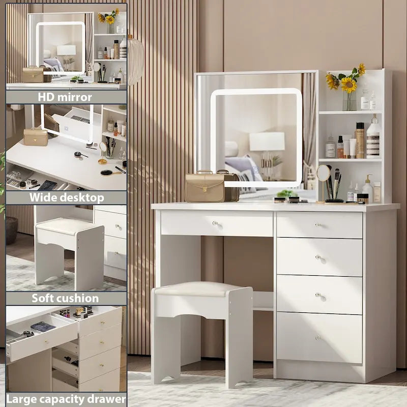 Coiffeuse Blanche avec Tabouret et Miroir LED 3 Couleurs, 1 Personne, 100 cm L