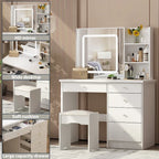 Coiffeuse Blanche avec Tabouret et Miroir LED 3 Couleurs, 1 Personne, 100 cm L