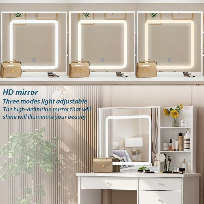 Coiffeuse Blanche avec Tabouret et Miroir LED 3 Couleurs, 1 Personne, 100 cm L