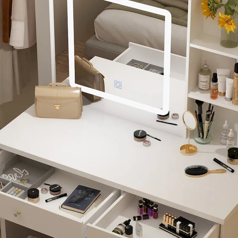 Coiffeuse Blanche avec Tabouret et Miroir LED 3 Couleurs, 1 Personne, 100 cm L