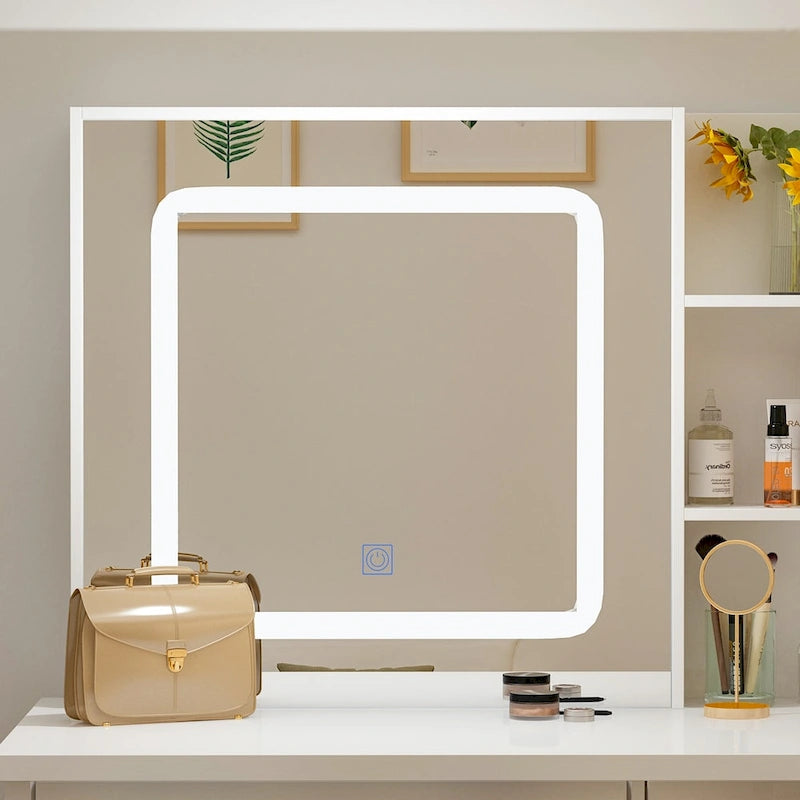 Coiffeuse Blanche avec Tabouret et Miroir LED 3 Couleurs, 1 Personne, 100 cm L