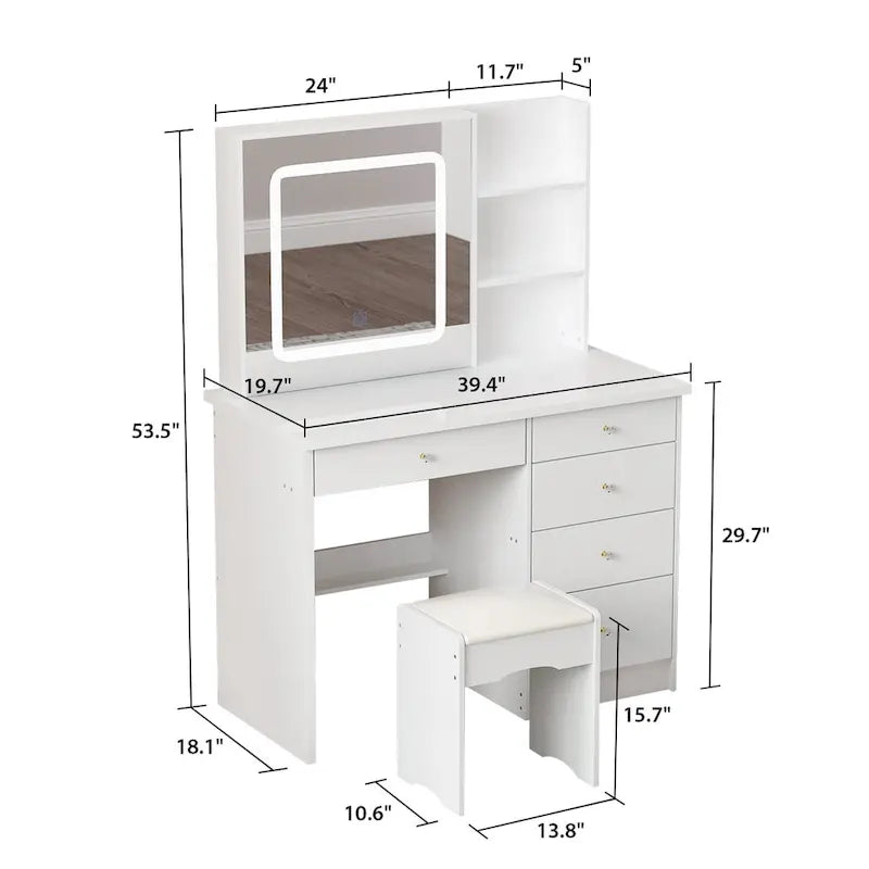 Coiffeuse Blanche avec Tabouret et Miroir LED 3 Couleurs, 1 Personne, 100 cm L