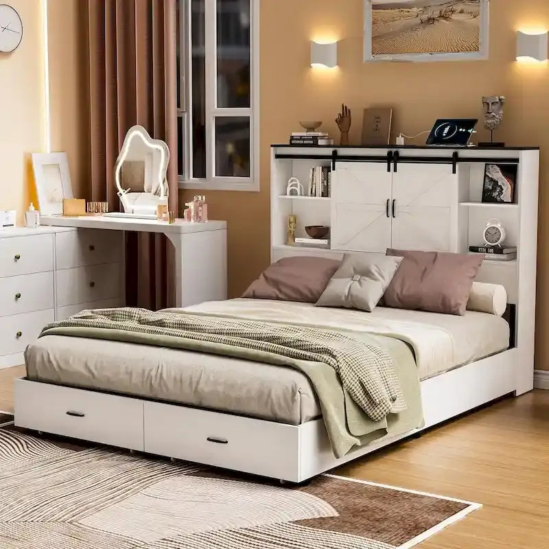 Cadre de lit Queen blanc style ferme avec rangement, pour 1 à 2 personnes