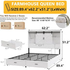 Cadre de lit Queen blanc style ferme avec rangement, pour 1 à 2 personnes