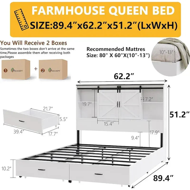 Cadre de lit Queen blanc style ferme avec rangement, pour 1 à 2 personnes