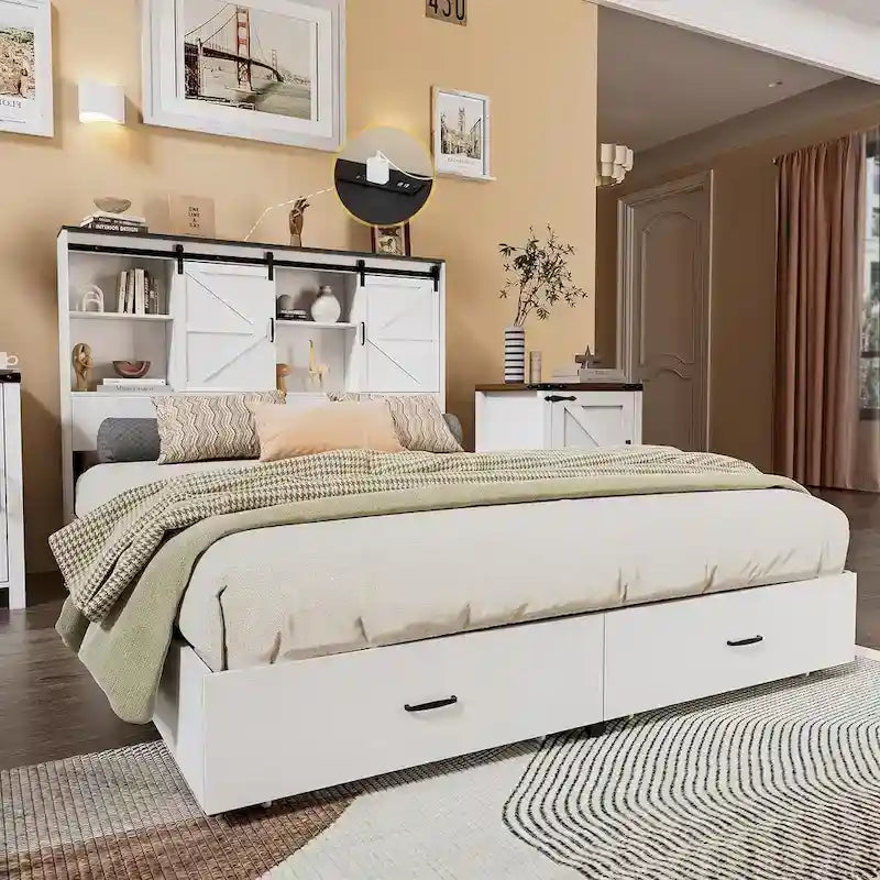 Cadre de lit Queen blanc style ferme avec rangement, pour 1 à 2 personnes