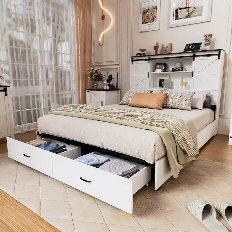 Cadre de lit Queen blanc style ferme avec rangement, pour 1 à 2 personnes