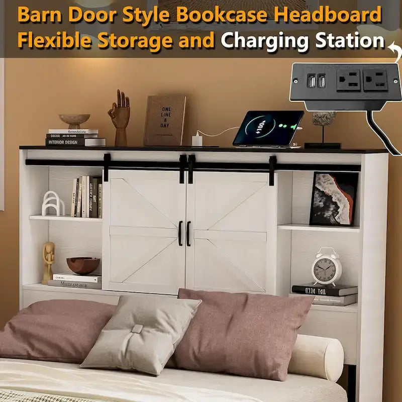 Cadre de lit Queen blanc style ferme avec rangement, pour 1 à 2 personnes