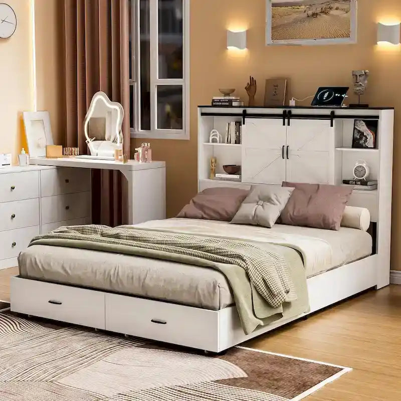 Cadre de lit Queen blanc style ferme avec rangement, pour 1 à 2 personnes