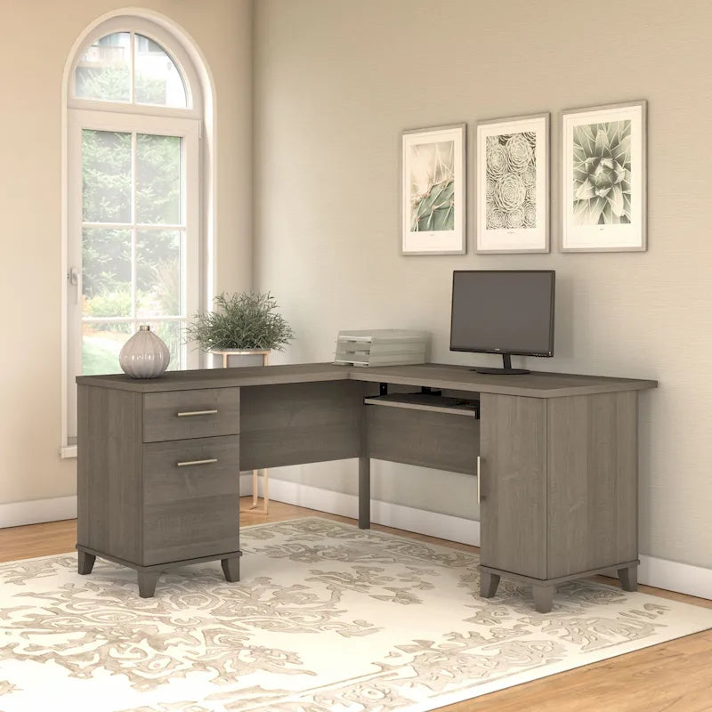 Bureau en L avec tiroirs et rangement, coloris gris cendré / gris tempête / blanc / noyer / chêne