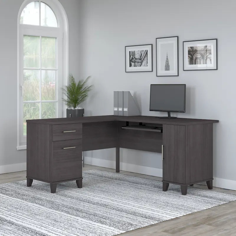 Bureau en L avec tiroirs et rangement, coloris gris cendré / gris tempête / blanc / noyer / chêne