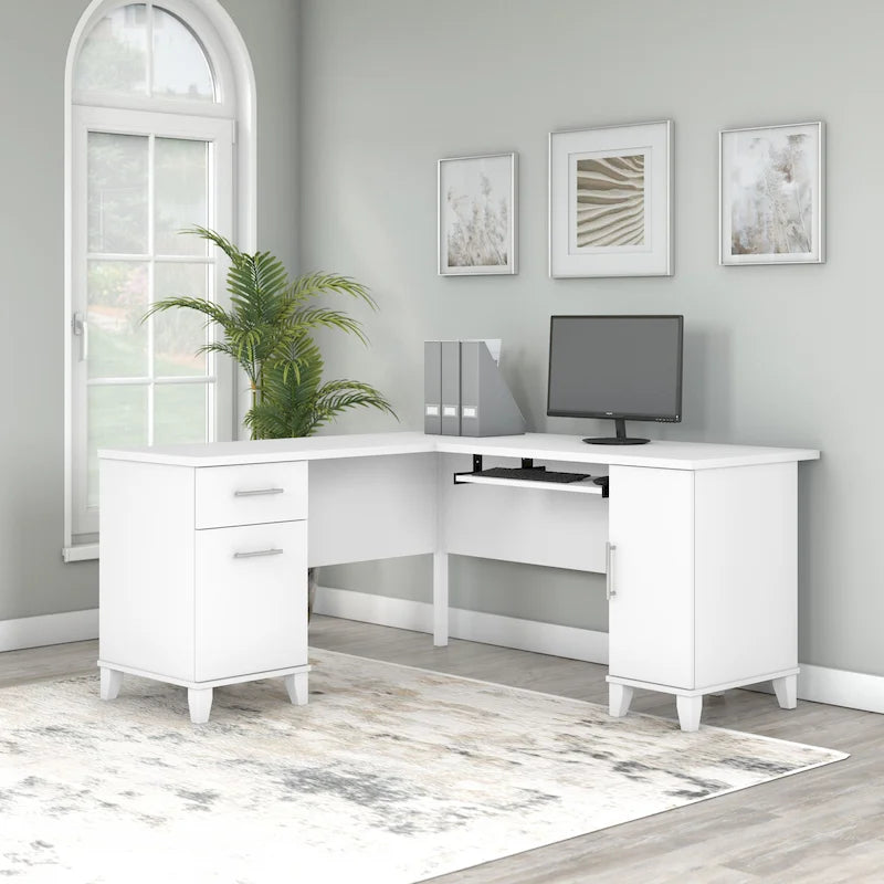 Bureau en L avec tiroirs et rangement, coloris gris cendré / gris tempête / blanc / noyer / chêne