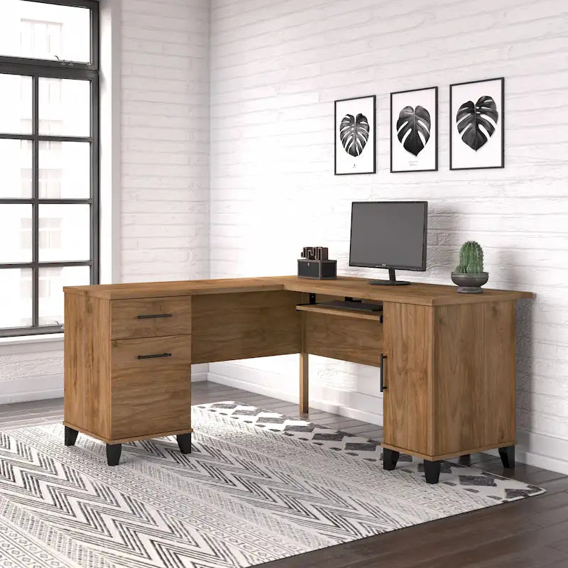 Bureau en L avec tiroirs et rangement, coloris gris cendré / gris tempête / blanc / noyer / chêne