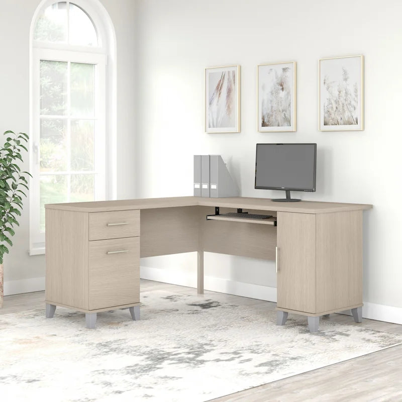 Bureau en L avec tiroirs et rangement, coloris gris cendré / gris tempête / blanc / noyer / chêne