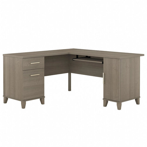 Bureau en L avec tiroirs et rangement, coloris gris cendré / gris tempête / blanc / noyer / chêne