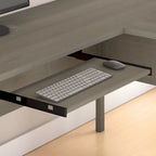 Bureau en L avec tiroirs et rangement, coloris gris cendré / gris tempête / blanc / noyer / chêne