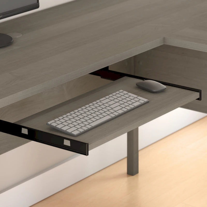 Bureau en L avec tiroirs et rangement, coloris gris cendré / gris tempête / blanc / noyer / chêne