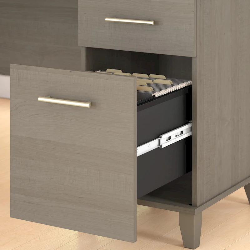 Bureau en L avec tiroirs et rangement, coloris gris cendré / gris tempête / blanc / noyer / chêne