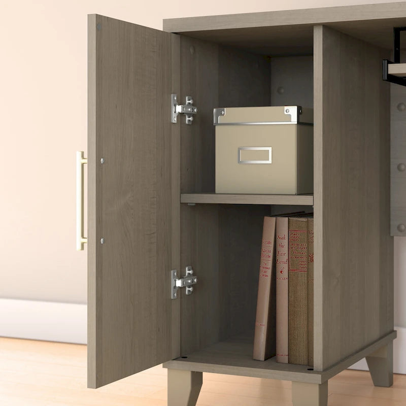 Bureau en L avec tiroirs et rangement, coloris gris cendré / gris tempête / blanc / noyer / chêne