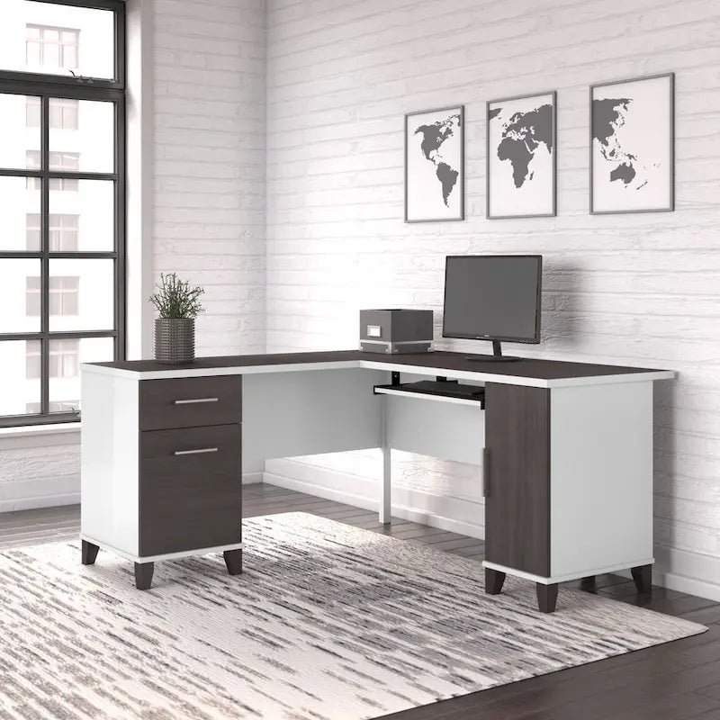 Bureau en L avec tiroirs et rangement, coloris gris cendré / gris tempête / blanc / noyer / chêne