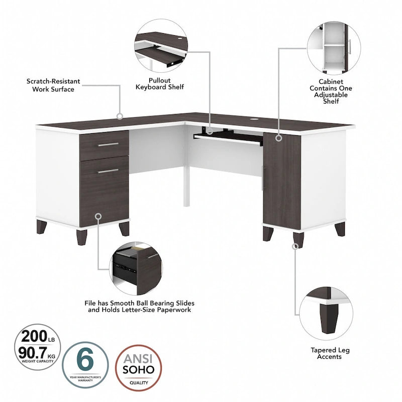 Bureau en L avec tiroirs et rangement, coloris gris cendré / gris tempête / blanc / noyer / chêne