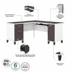 Bureau en L avec tiroirs et rangement, coloris gris cendré / gris tempête / blanc / noyer / chêne