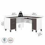 Bureau en L avec tiroirs et rangement, coloris gris cendré / gris tempête / blanc / noyer / chêne