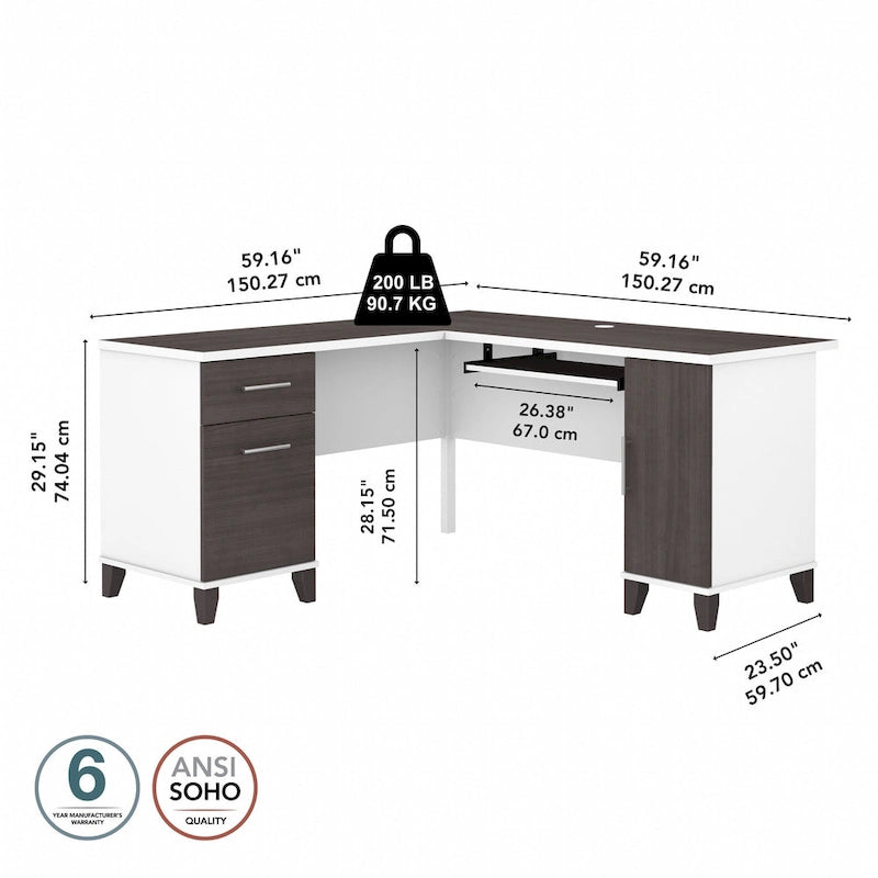 Bureau en L avec tiroirs et rangement, coloris gris cendré / gris tempête / blanc / noyer / chêne