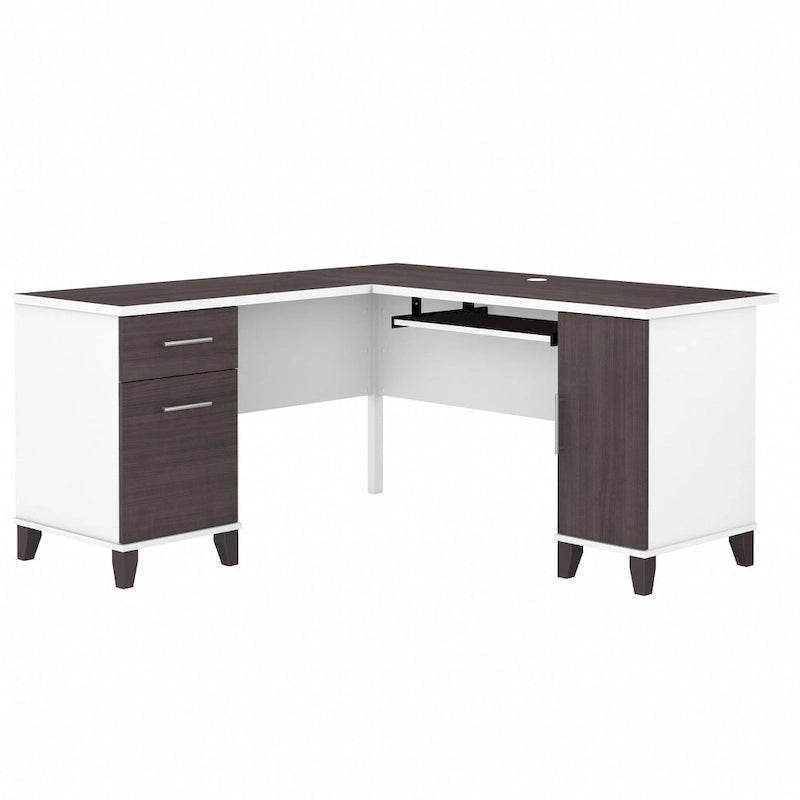 Bureau en L avec tiroirs et rangement, coloris gris cendré / gris tempête / blanc / noyer / chêne